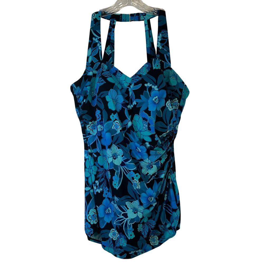 Lands End Womens Blue Floral Halter One Piece Swimsuit Ruched Front Size 16